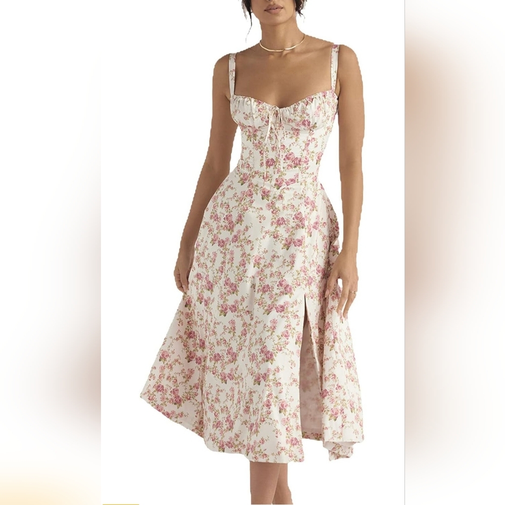 Women Summer Casual Floral Corset Midi Dress Square Neck Sleeveless A-line Split